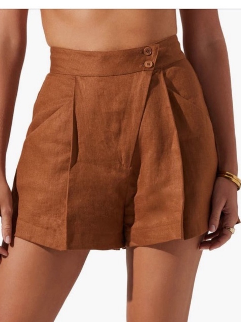 Astr High-Waist Pleated Wrap-Look Shorts in Rust